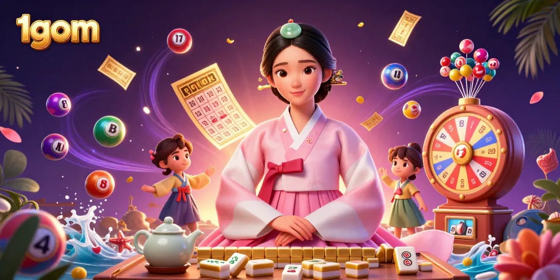 Experience the thrilling world of 1gom with vibrant casino game elements and a serene Asian character.