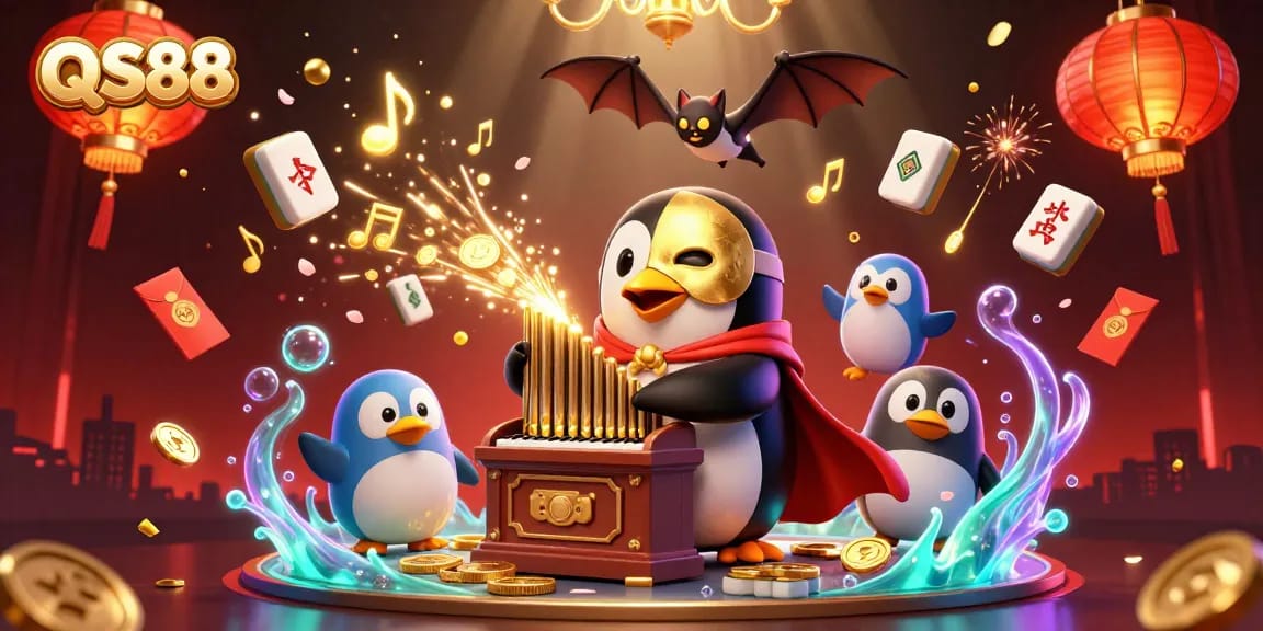 QS88 penguin maestro brings luck with golden coins in vibrant casino scene.