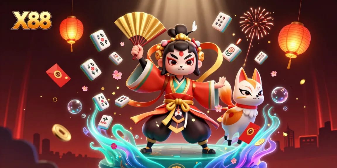 X88 engages players with vibrant casino action featuring a kabuki warrior and lucky symbols.