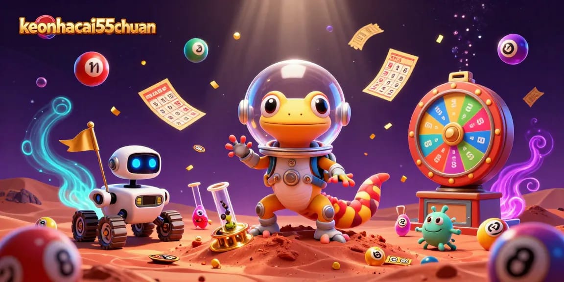 Experience excitement with keonhacai55chuan as the Martian gecko celebrates lottery wins in a cosmic casino.