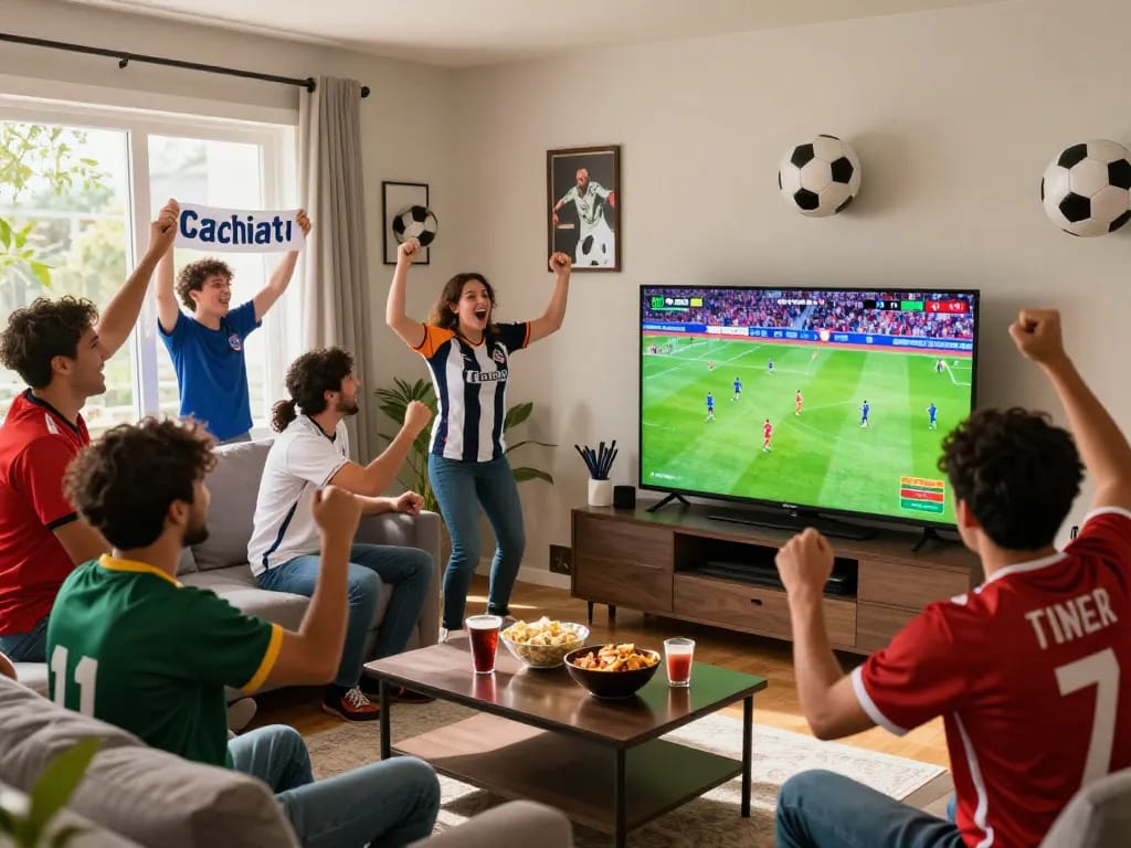 Fans enjoying live football on Cakhiatv in a vibrant living room setting with snacks.
