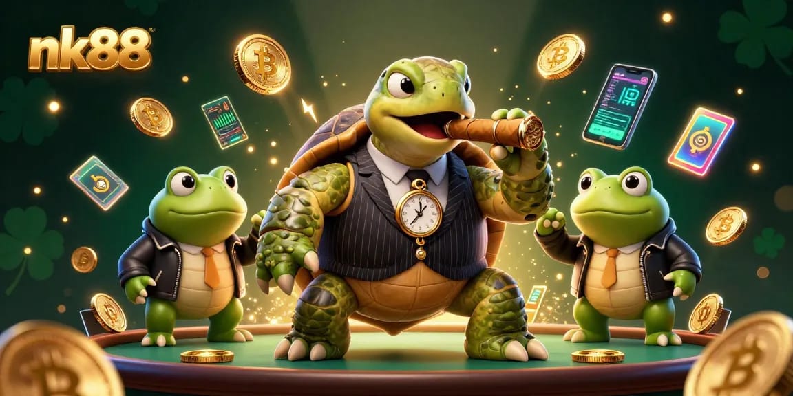 Win big with nk88 in this vibrant 3D illustration featuring unique casino elements and characters.