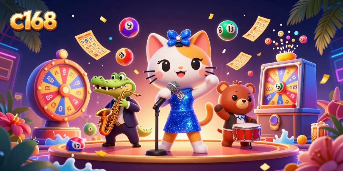Experience the thrill of c168 with an energetic jazz-singer cat and exciting lottery fun in this vibrant casino scene.