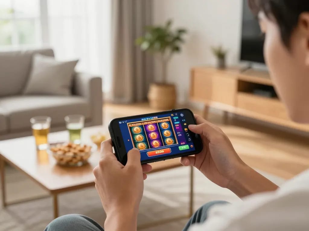 Engaging with KP88 app for seamless mobile gambling experience, enjoying vibrant slot graphics and potential winnings