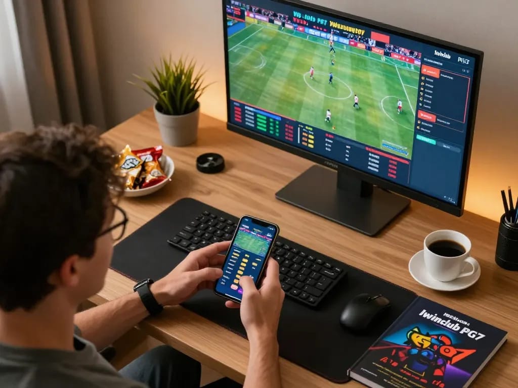 Engaging in exciting online sports betting with Iwinclub PG7 on a stylish home setup.
