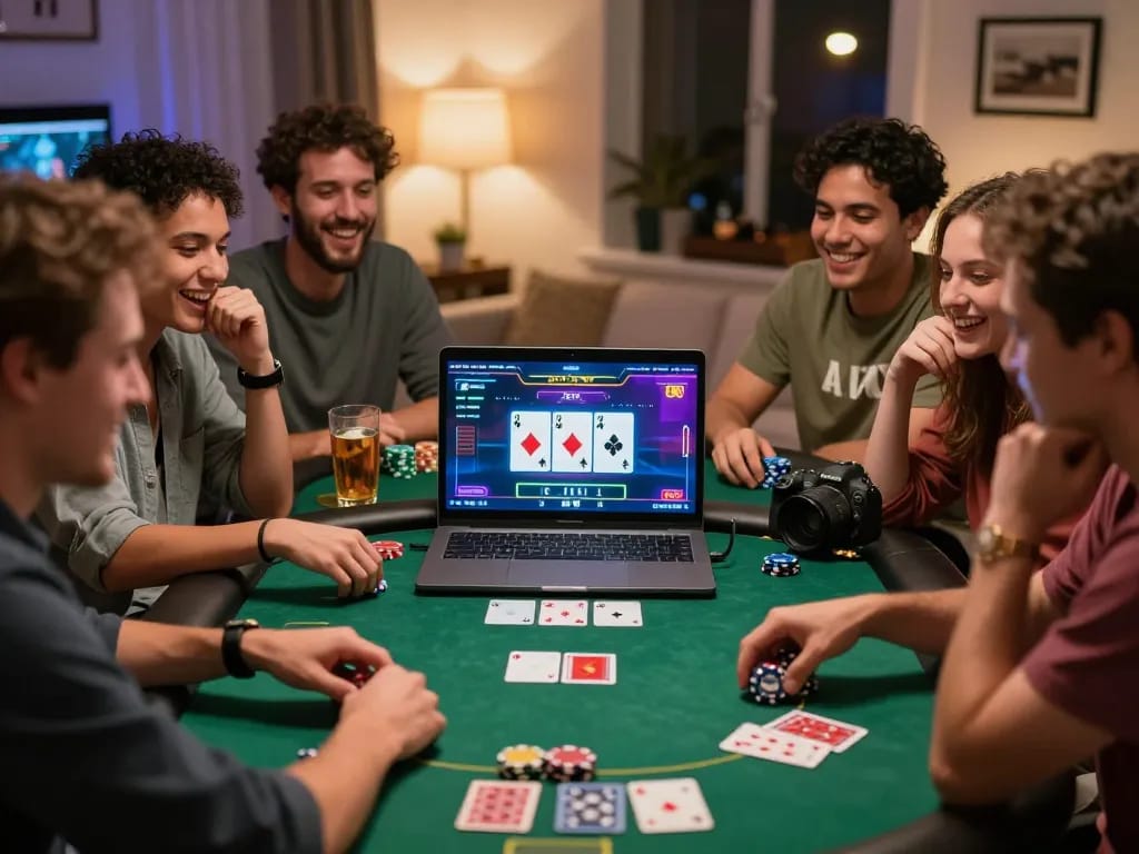 Engaging online gambling scene at https://topbet8x.com/ with friends enjoying poker in a cozy living room.