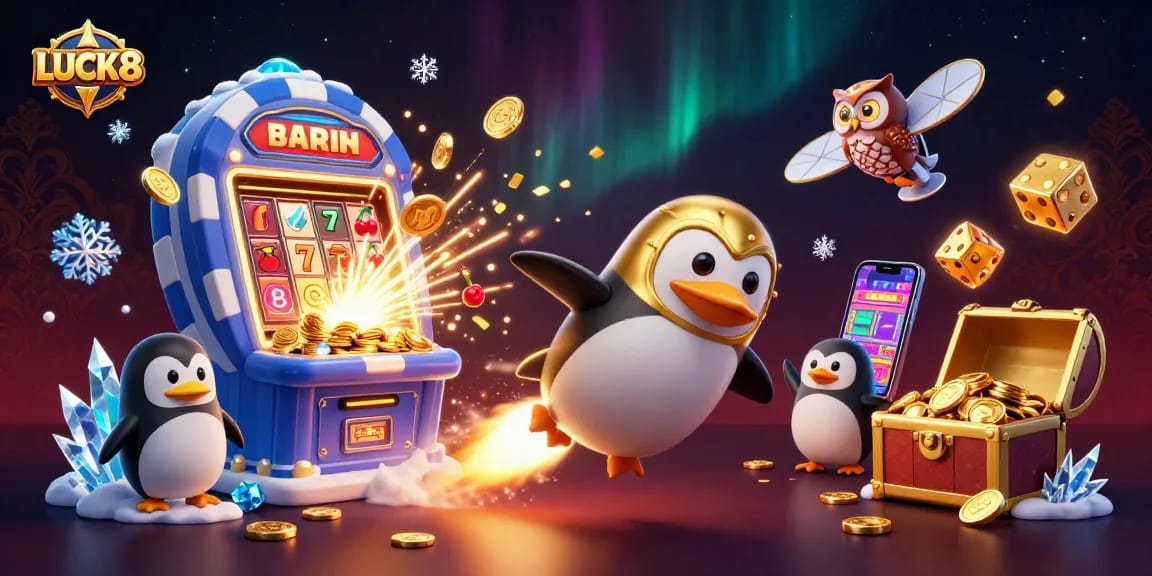 Experience LUCK8's thrilling gaming atmosphere with a vibrant jackpot explosion and golden penguin character.