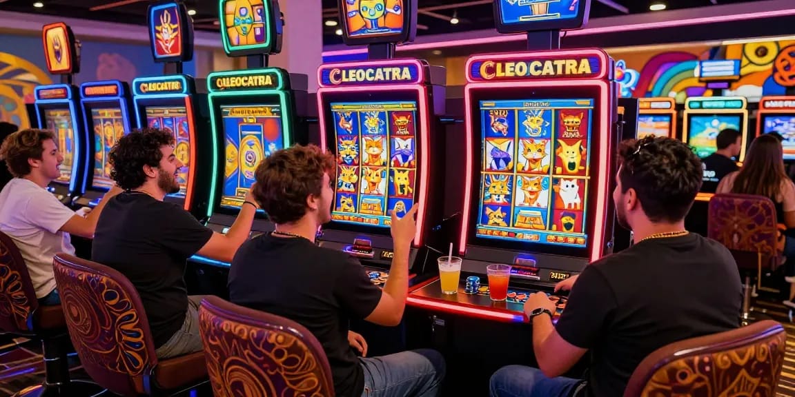 Engaging scene of players immersed in Cleocatra no Brasil slot game, showcasing excitement and colorful casino ambiance.