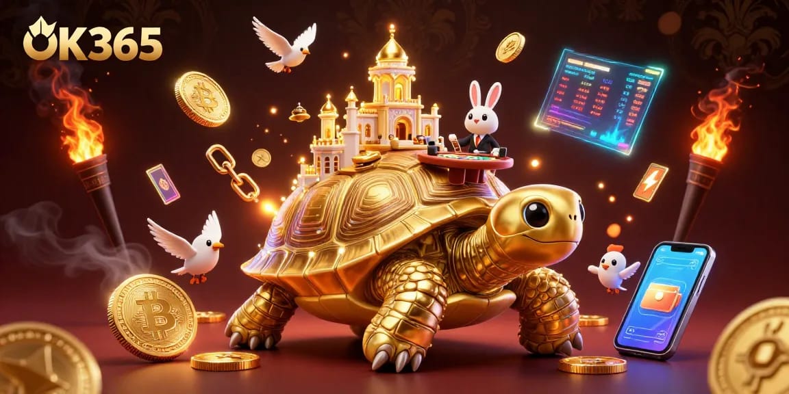 Engage with OK365's thrilling gaming world, featuring a golden tortoise casino and vibrant digital elements.