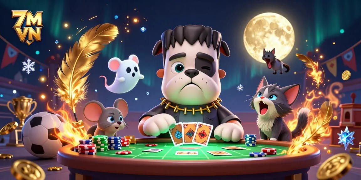 Engage with 7M VN in an action-packed scene of a Frankenstein bulldog and friends gambling at a spooky table.