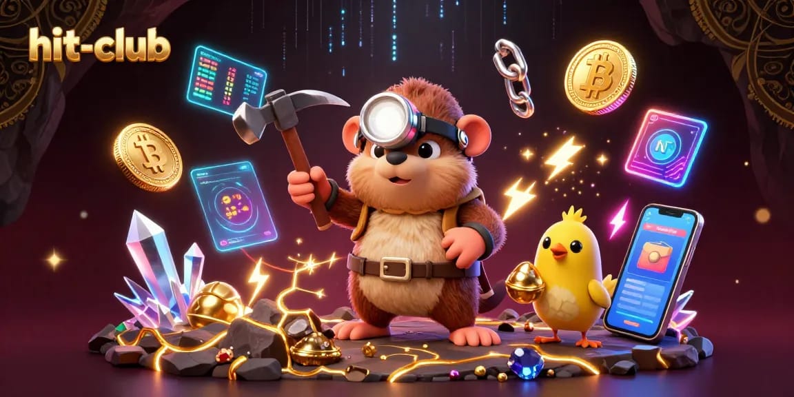 Engage with hit-club's thrilling mining adventure featuring treasures and crypto elements in a vibrant casino scene.