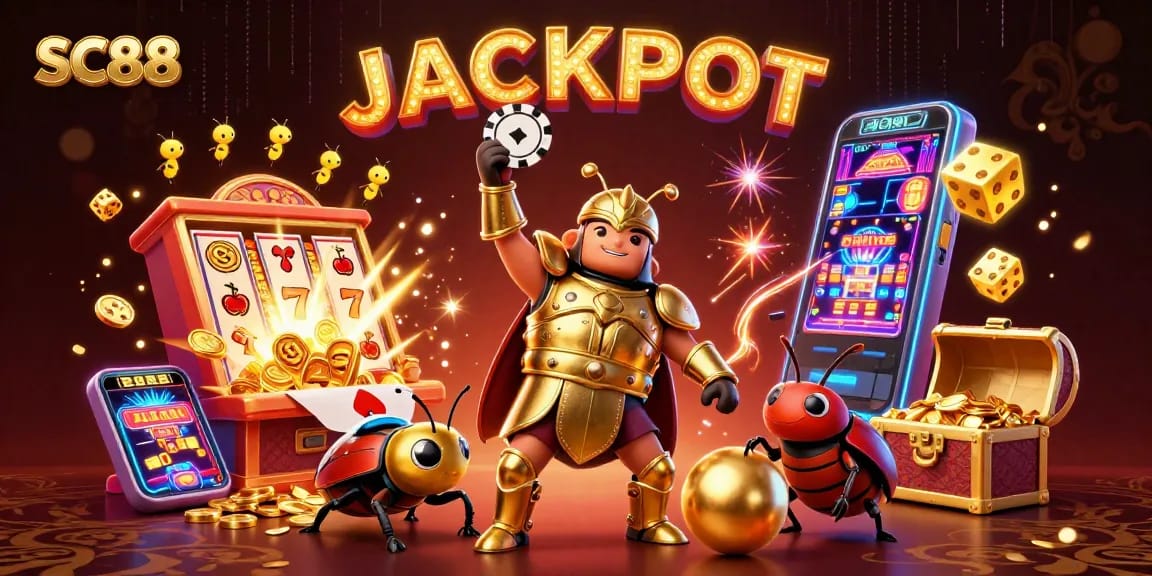 Experience SC88's thrilling jackpot with cartoon beetles celebrating amidst vibrant casino elements.
