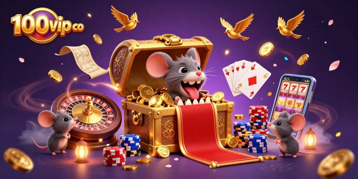 Experience the thrill of 100vip co with an exciting casino scene featuring vibrant characters, golden treasures, and energetic game elements.