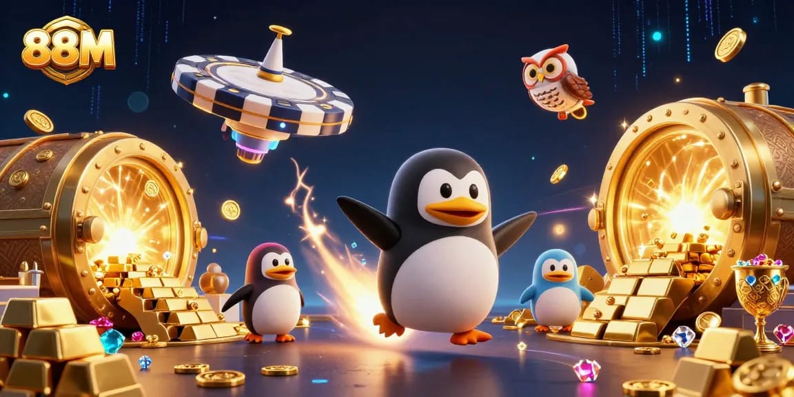 Experience thrilling action at 88M casino, where a golden penguin leads a vibrant game adventure.