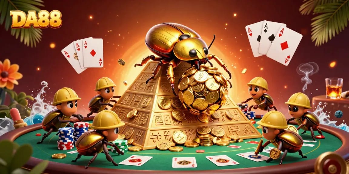 Engaging DA88 scene showcasing a golden beetle and casino elements in a vibrant illustration.