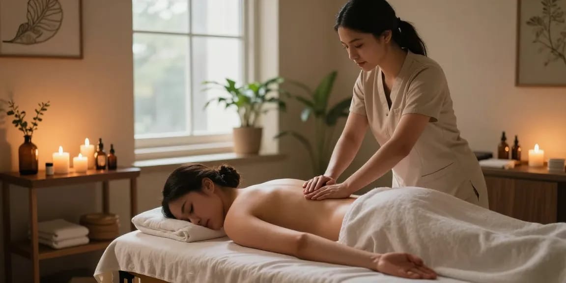 스웨디시 마사지 치료를 받는 고객과 편안한 분위기의 마사지실