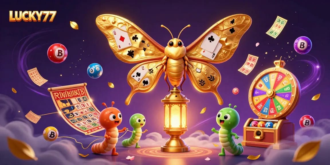 Experience LUCKY77's exciting gaming atmosphere with vibrant casino imagery and dynamic lottery elements.
