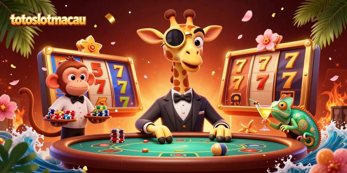 Experience thrilling action at totoslotmacau with a high-roller giraffe and dynamic casino elements in a vibrant scene.