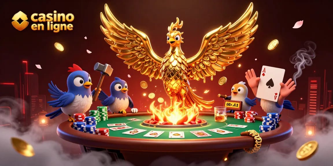 Jouer à des jeux variés de casino en ligne avec un phoenix en or et des cartes de poker.