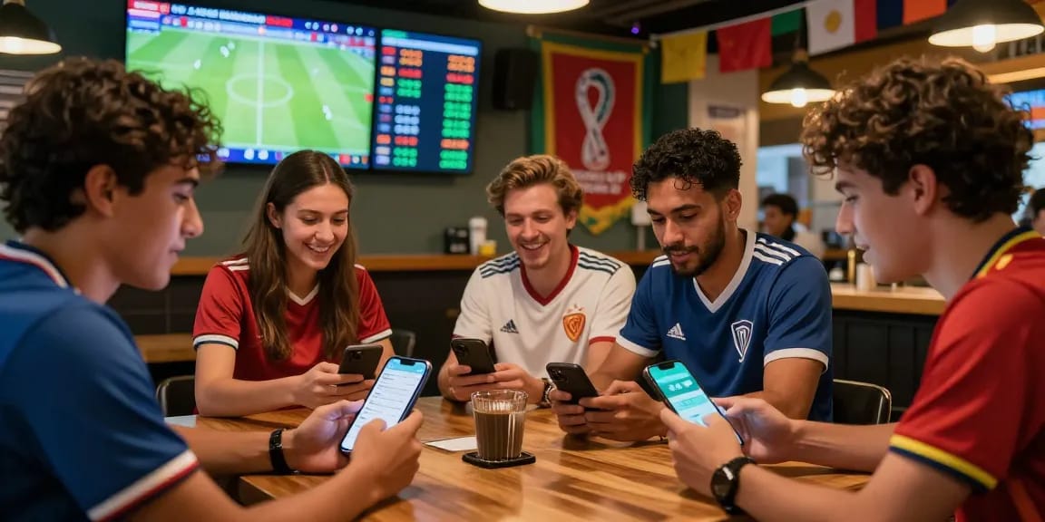 SBOBET betting enthusiasts enjoying live updates and game stats in a lively sports bar.