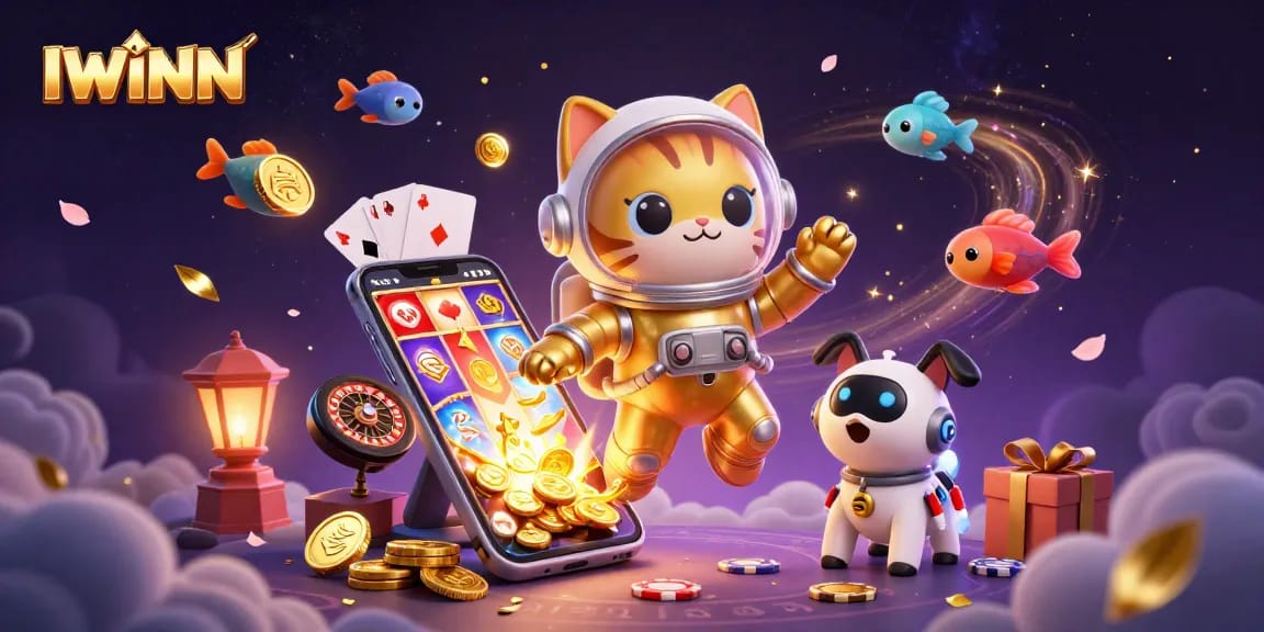 IWINN gaming scene featuring a golden cat astronaut, robot dog, and vibrant gambling elements.