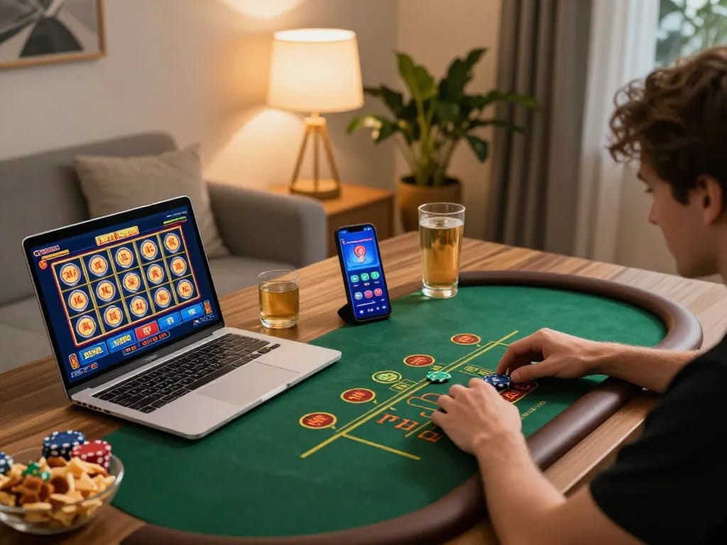 Players engaging with F168 online casino games on devices in a cozy home environment.