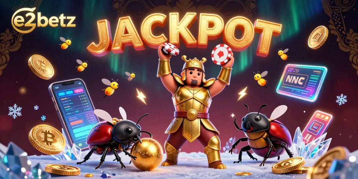 Join the victory celebration at e2betz with golden poker chips and crypto coins glowing!