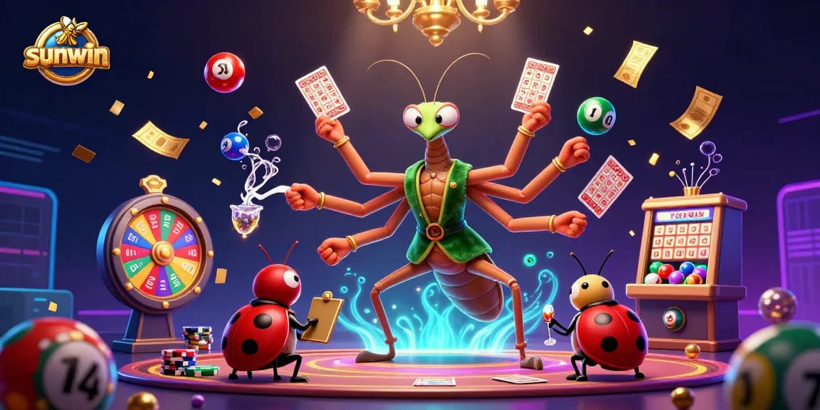 Experience the excitement at sunwin with an animated illustration of a giant praying mantis card sharp and colorful game elements.