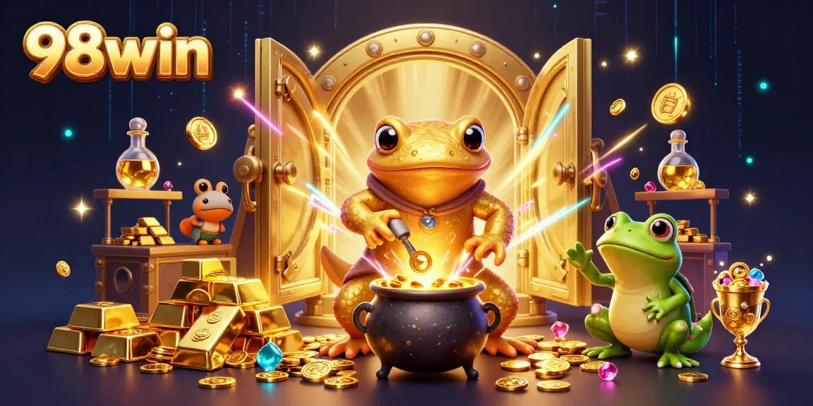 Experience thrilling winnings at 98win with magical gold coins and treasures in an enchanting casino scene.