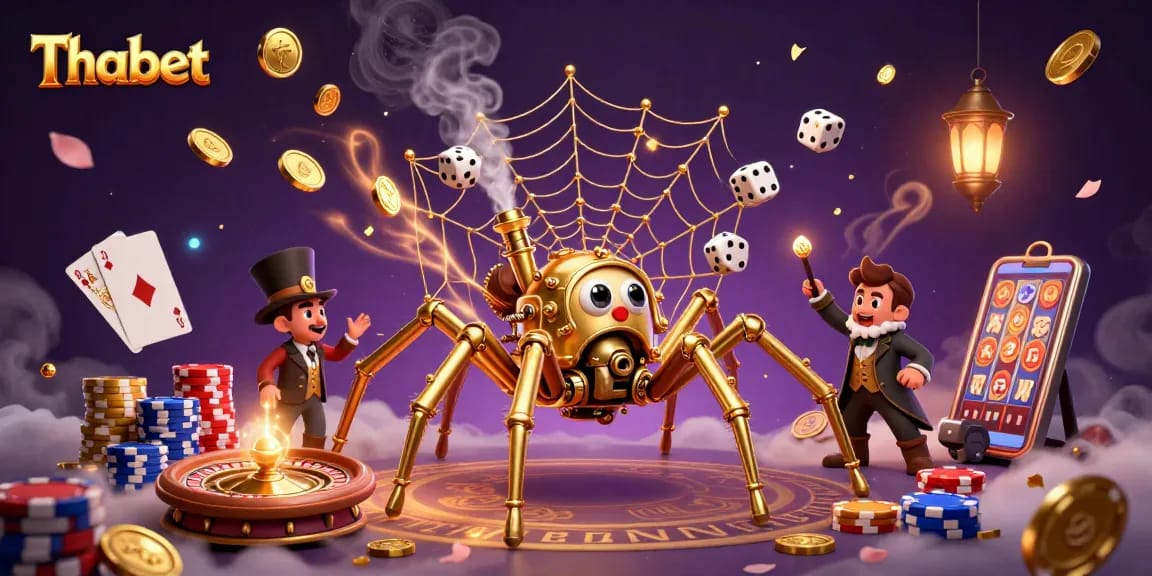 Experience the thrill of Thabet with a steampunk spider catching dice and cascading coins.