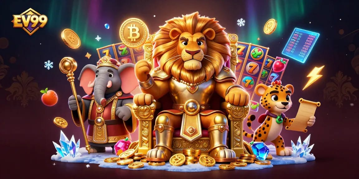 Spin the reels with EV99, featuring majestic characters and vibrant casino elements.