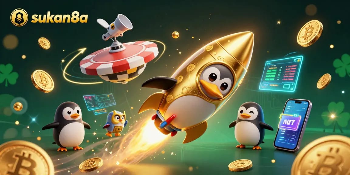 Sukan8a delivers a thrilling experience as our golden penguin rockets towards a dazzling casino in space.