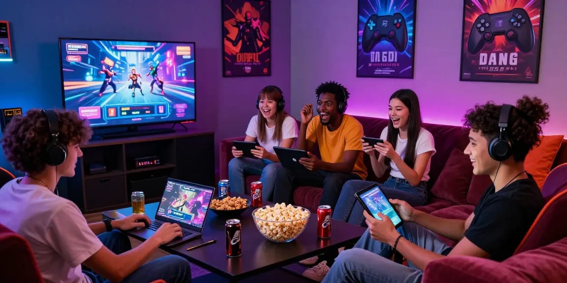 Playing sex games online with friends in a vibrant gaming lounge, showcasing diverse devices and an energetic atmosphere in 2026.