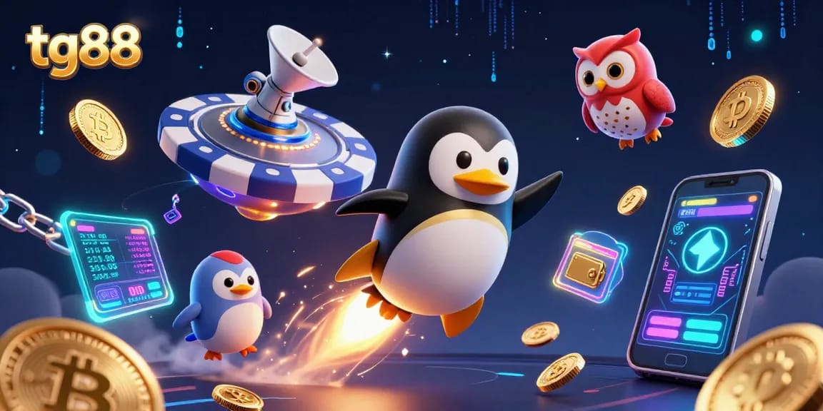 Experience excitement at tg88 with a golden penguin racing to a casino space station amidst glowing crypto elements.