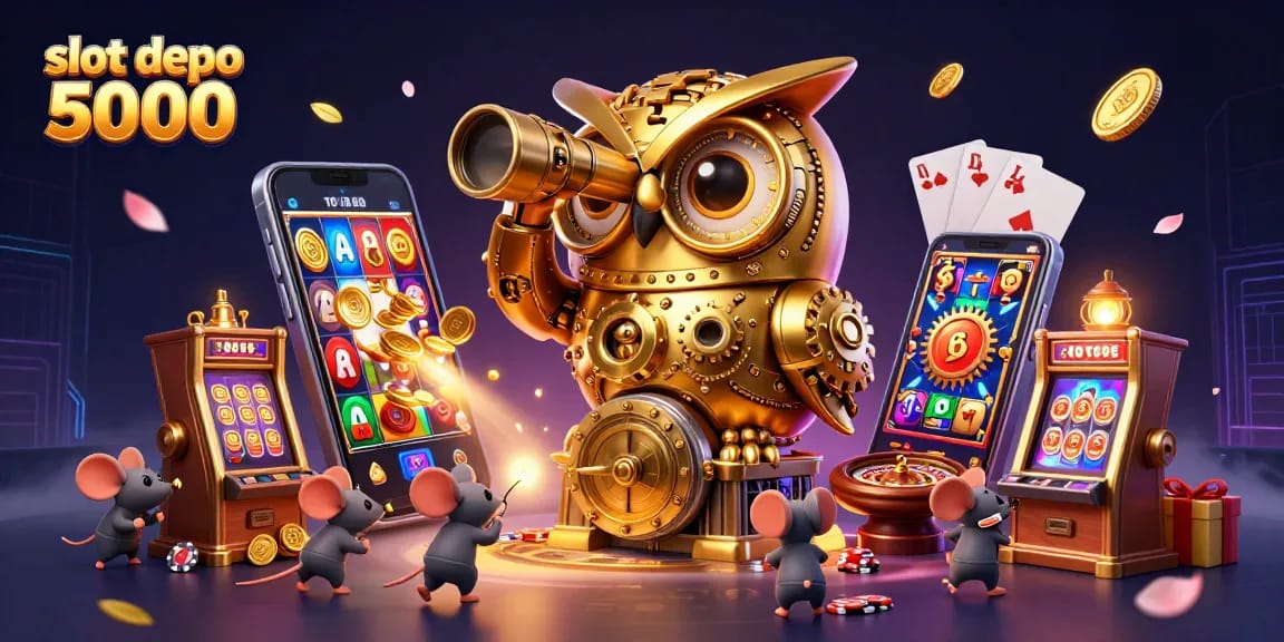 Experience the excitement of slot depo 5000 with a 3D illustration of a whimsical casino scene.