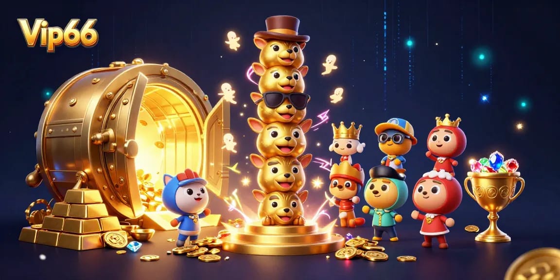 Experience the thrilling gameplay at Vip66 with a vibrant casino scene filled with animated elements and treasures.