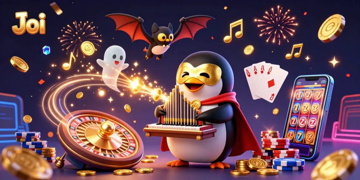 Join the thrill of random video chats with Joi, as lively characters celebrate in a vibrant casino scene.