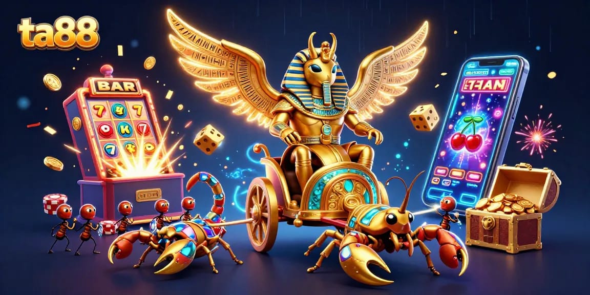 Engage with exciting ta88 games featuring a golden scarab beetle and thrilling casino elements.
