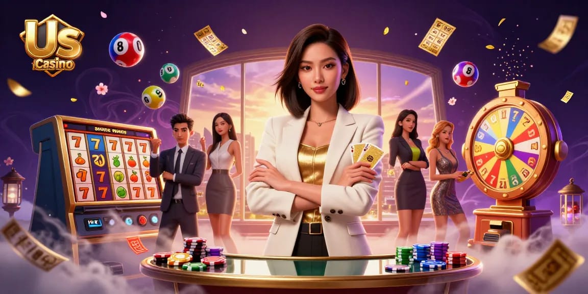 Experience thrilling gameplay with Us Casino Malaysia featuring a stylish Asian woman holding golden cards amidst dynamic gaming elements.