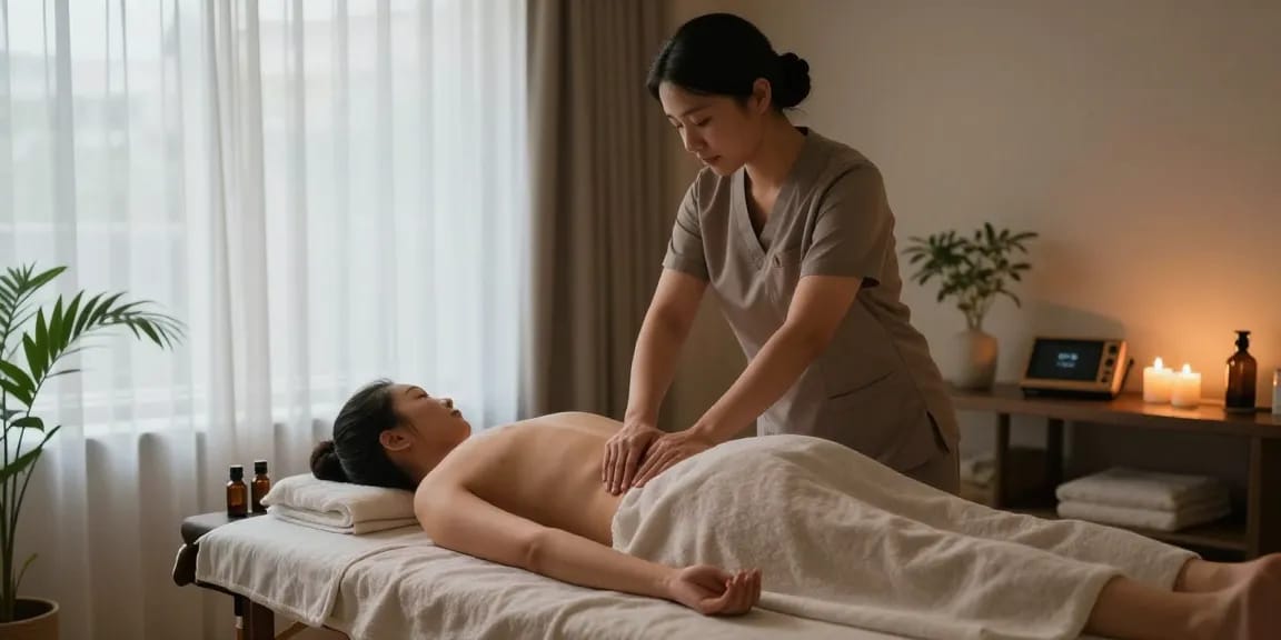 마사지 치료 중인 전문 테라피스트와 고객의 평화로운 장면