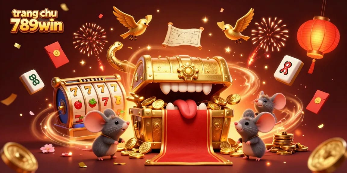 Exciting scene capturing the essence of trang chu 789win with a treasure chest and dynamic casino elements.