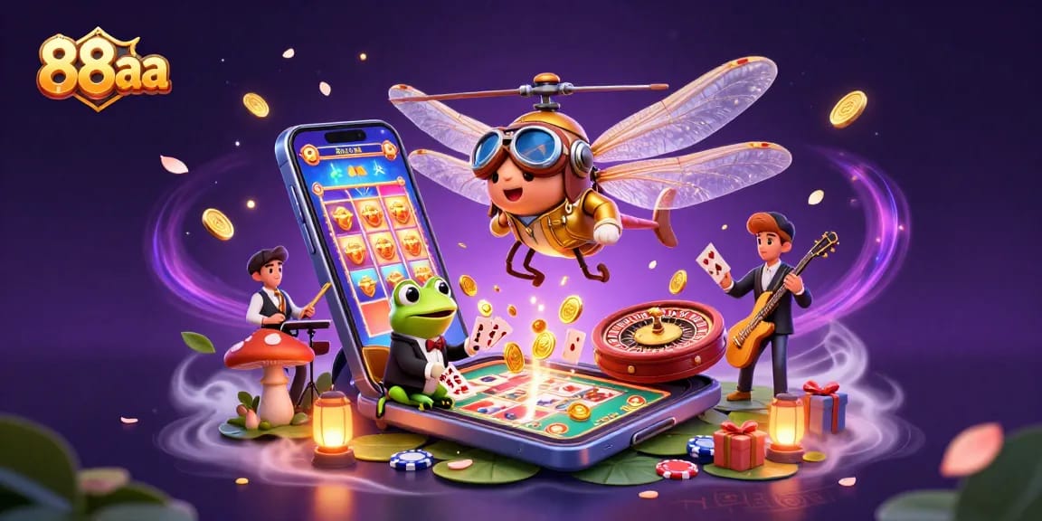 Experience thrilling gameplay with 88aa as a dragonfly pilot over a lively lily pad casino scene.