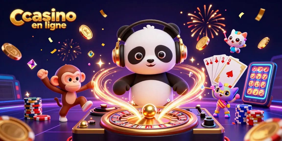 Jouez sur un casino en ligne avec une illustration dynamique d'un panda DJ, un singe et un chat dans une ambiance festive.