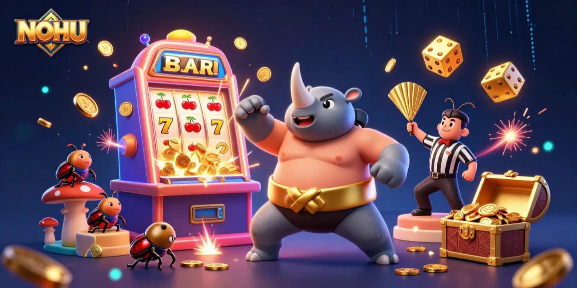 NOHU showcases a dynamic 3D casino scene with a rhinoceros beetle champion winning a jackpot.