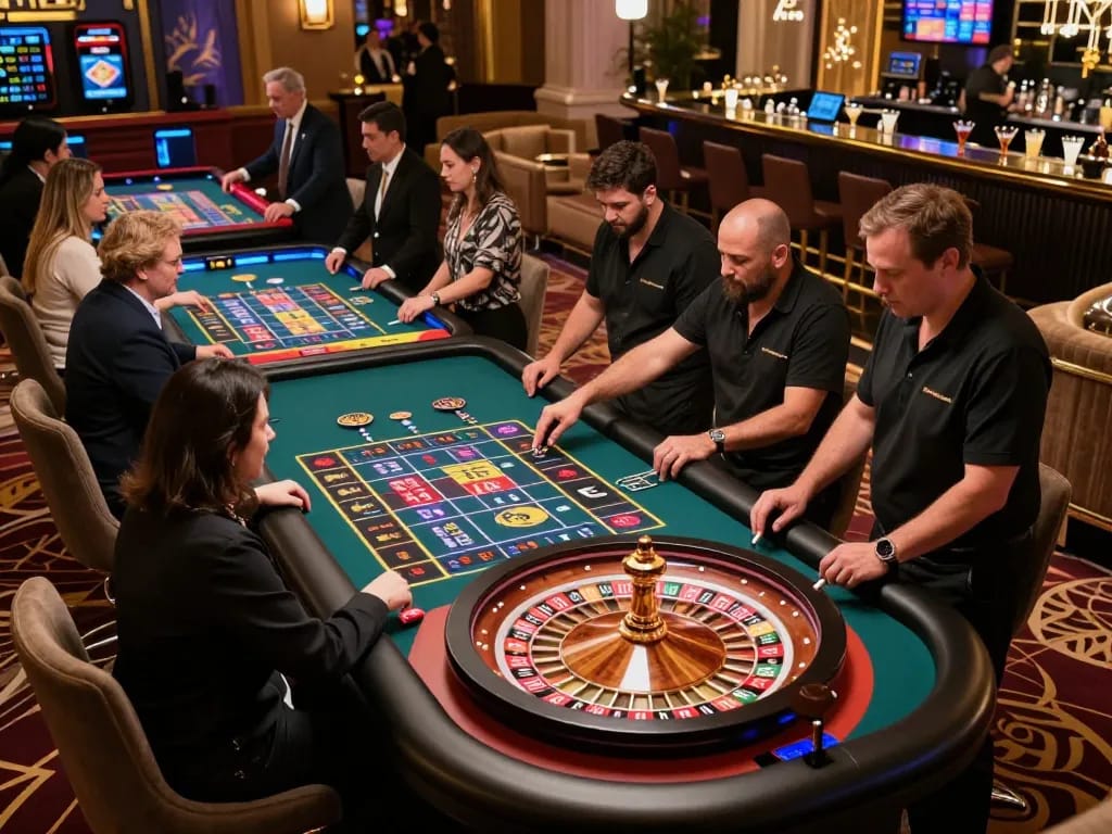 Action-packed roulette game scene at a casino showcasing players engaged in betting strategies at the sc88 table.