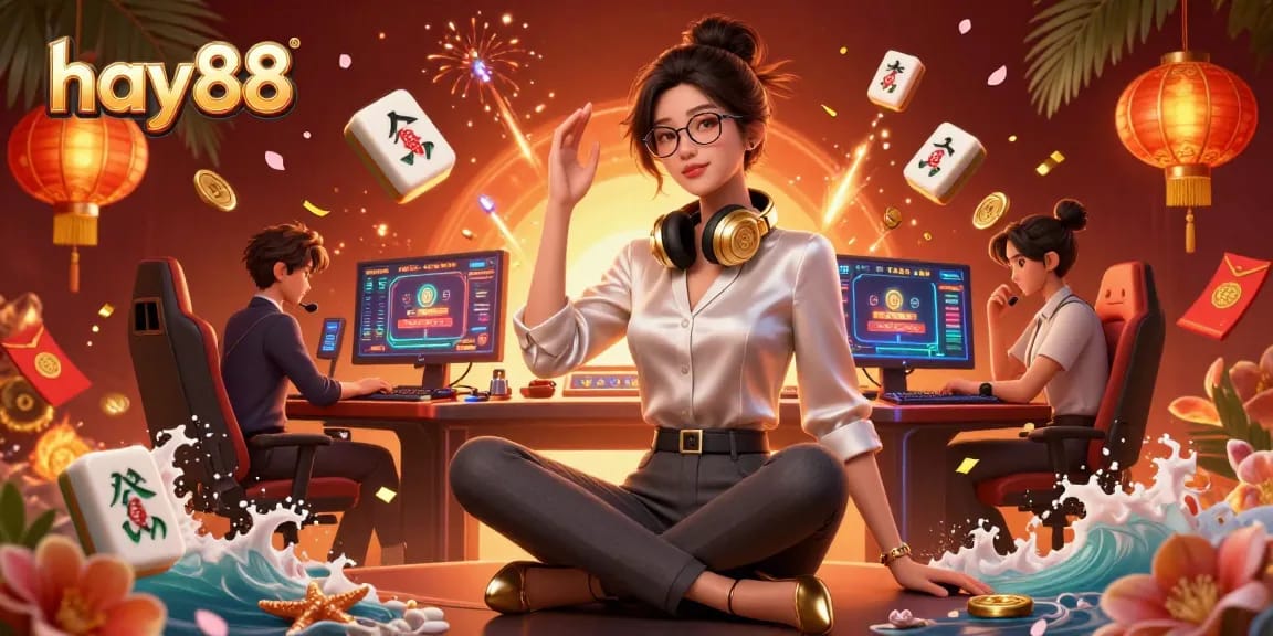 Play engaging games at hay88 with a photorealistic Asian woman gaming at a high-tech setup, immersing in dynamic casino experiences.