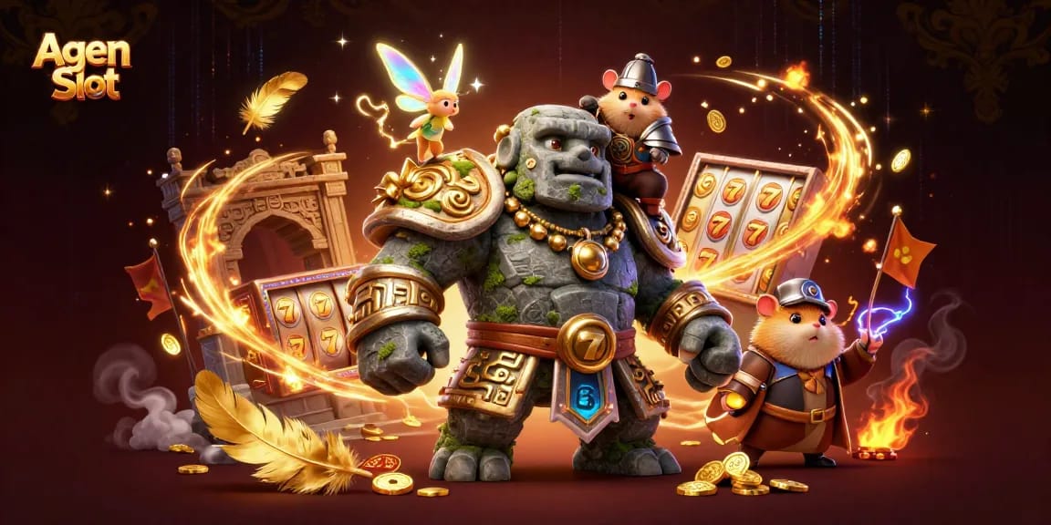 Engage with Agen Slot's magical world featuring a golem guardian, fairy, and hamster knight amidst vibrant casino elements.