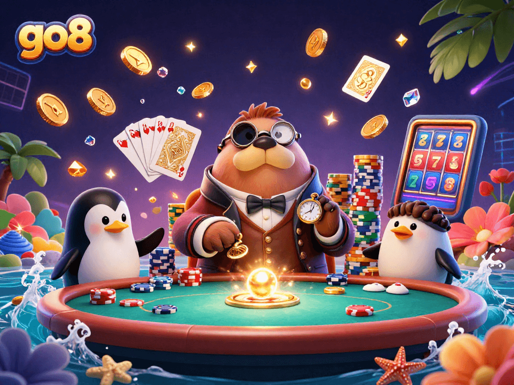 Engage in thrilling gameplay at go8 with a walrus, penguin dealer, and pufferfish player.