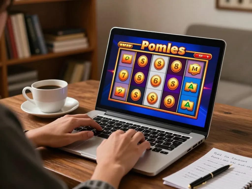 Engaging in responsible gaming at TR88 with a vibrant online slot game on laptop, cozy home setup.