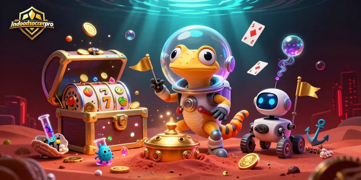 indoorsoccerpro features a Martian gecko in a casino, collecting golden treasures with excitement.